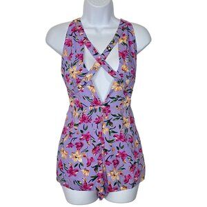 NWT MILLAU Women Crisscross Straps Deep V Neck Romper Sz XS Purple Edgy 68-7